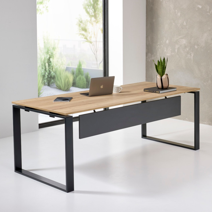 Directiebureau Cube 200 x 90 cm met Halifax-eiken blad, antraciet O-poten en schaamschot